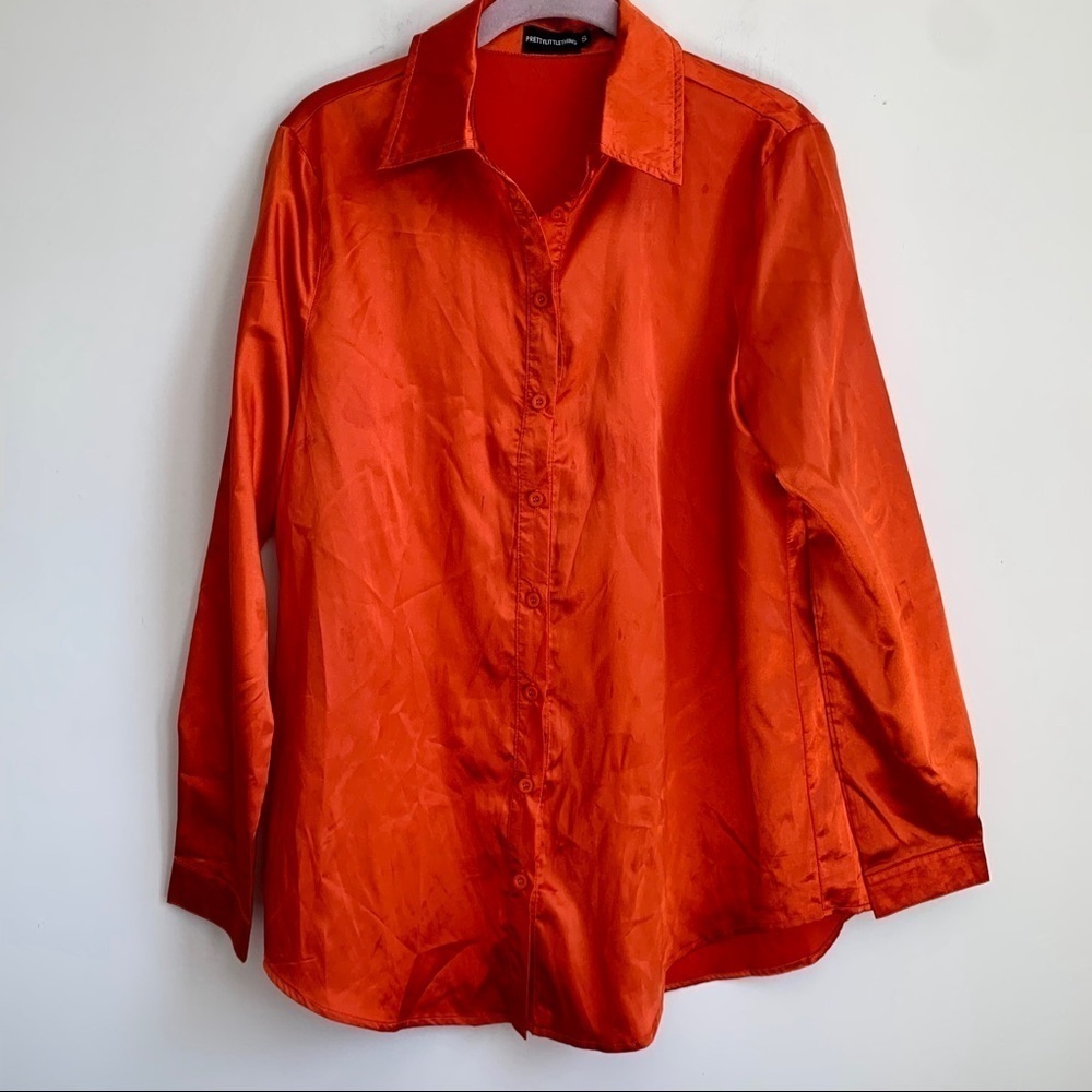PrettyLittleThing Button Down Silk Blouse in Orange Size S